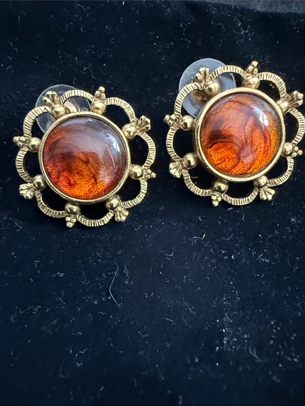 Vintage-Inspired Gold Plated Amber Cabochon Stud Earrings